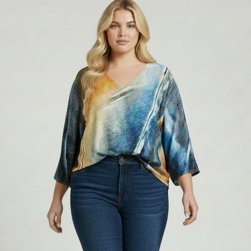 Catherines Vibrant Blue Gold & Orange Artistic Abstract Wearable Art Blouse 1X